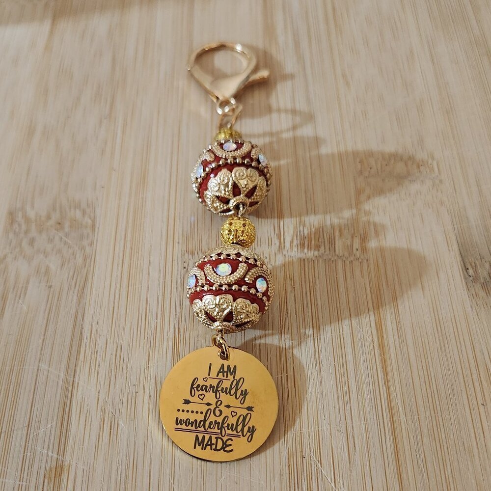 Hand Crafted Purse Bag Charm Beaded with Pendant Red Gold 5 Inches